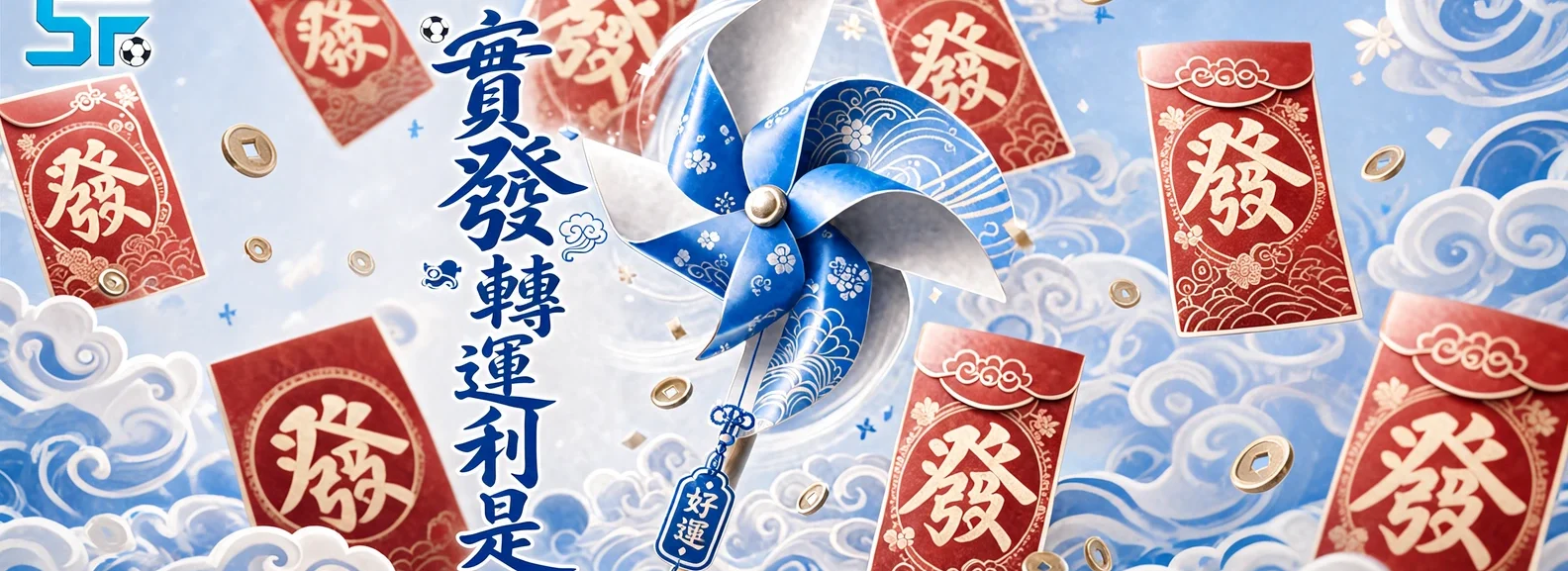 Blue and white pinwheel surrounded by red Chinese New Year envelopes, floating coins, and swirling clouds to convey luck and prosperity.