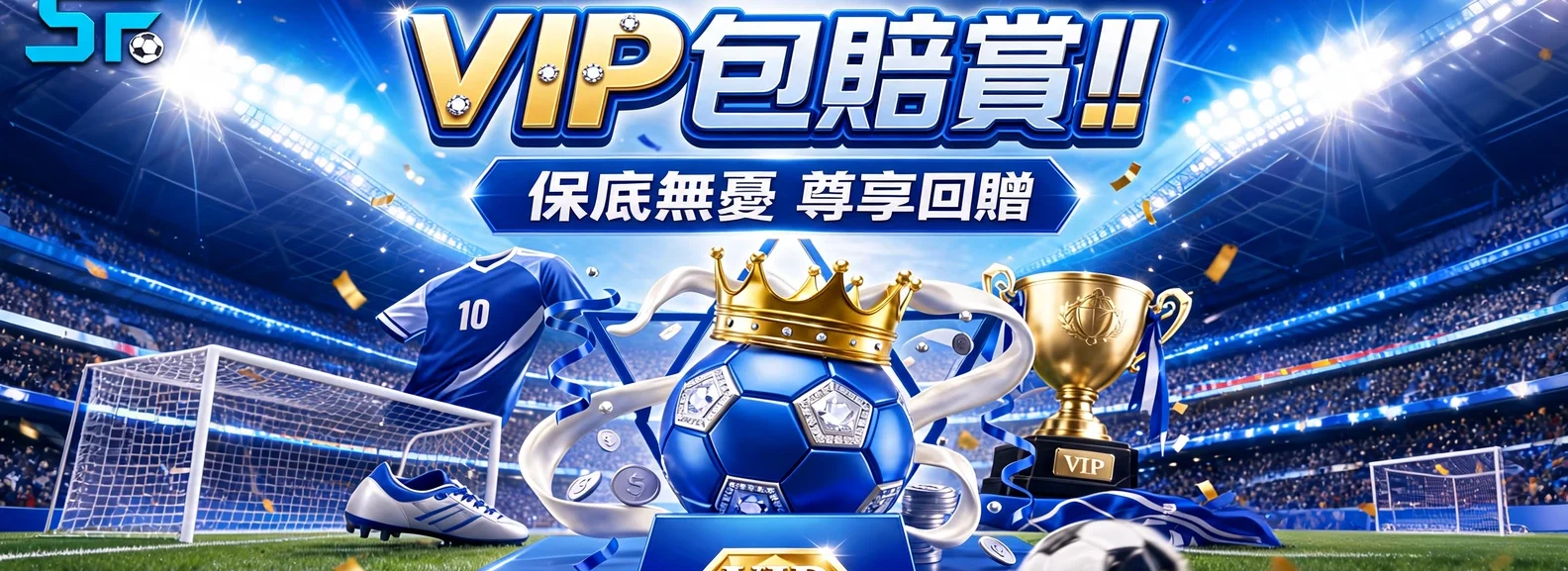 VIP prize promotional banner with a crowned soccer ball, trophy, and blue sports imagery in a stadium setting (includes VIP text)