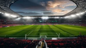 cover-9082-1785542487jpg - 實發體育 A large soccer stadium at dusk with a green field, red seating, and a circular skylight opening in the roof above the pitch.
