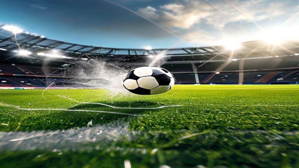 Soccer ball kicking up turf dust on a sunny day in a large stadium.