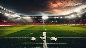 cover-9118-1785805229jpg - 實發體育 Wide view of a large soccer stadium at dusk, with bright lights and red seating, and three soccer balls lined up on the center line in the foreground.