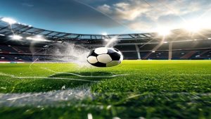 cover-9161-1786150838jpg - 實發體育 Soccer ball kicking up turf in a bright stadium during play or practice session