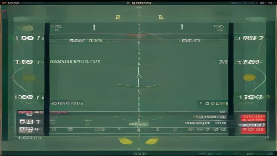 Overhead view of a tennis court graphic on a green display, showing the center line and service boxes with a 1–1 score at the top and dark vertical bars on each side.