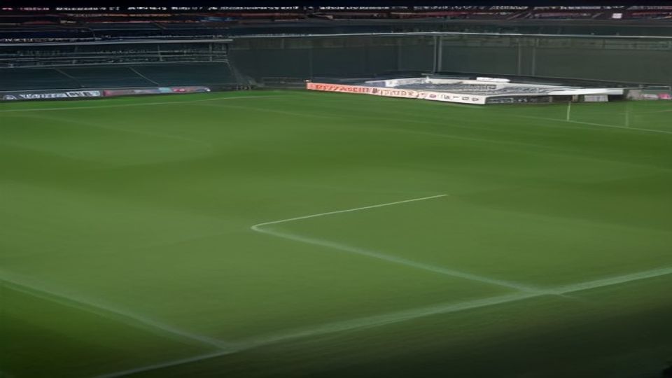 Aerial view of a green football pitch inside a stadium with advertising boards along the far side.