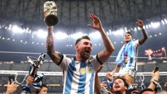 Argentine footballer in a blue-and-white striped jersey raises a trophy amid celebrating teammates in a stadium.