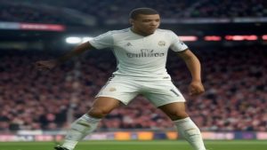 cover-9224-1786665648jpg - 實發體育 Soccer player in a white Real Madrid kit on a green pitch during a match, preparing to pass or defend with legs spread wide and arms outstretched.