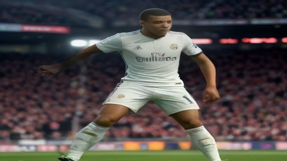 Soccer player in a white Real Madrid kit on a green pitch during a match, preparing to pass or defend with legs spread wide and arms outstretched.