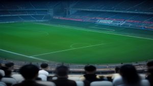 cover-9236-1786752049jpg - 實發體育 Wide view of a soccer stadium showing a green pitch with white lines and fans blurred in the foreground.