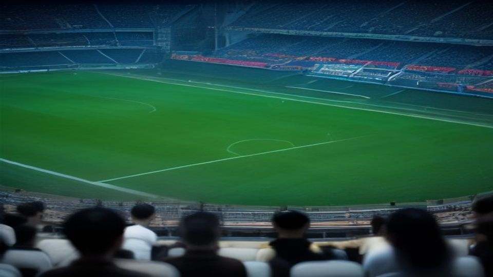 Wide view of a soccer stadium showing a green pitch with white lines and fans blurred in the foreground.