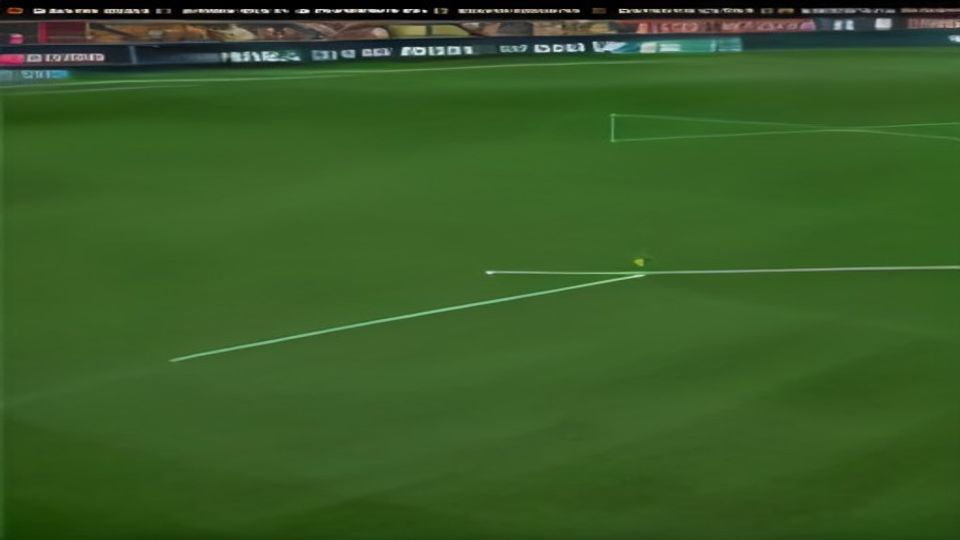 Soccer field with a white boundary line; a small yellow ball sits on the line near the edge of the pitch.