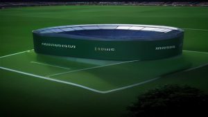 Circular stadium/arena structure placed on a green soccer field, with stands visible in the background