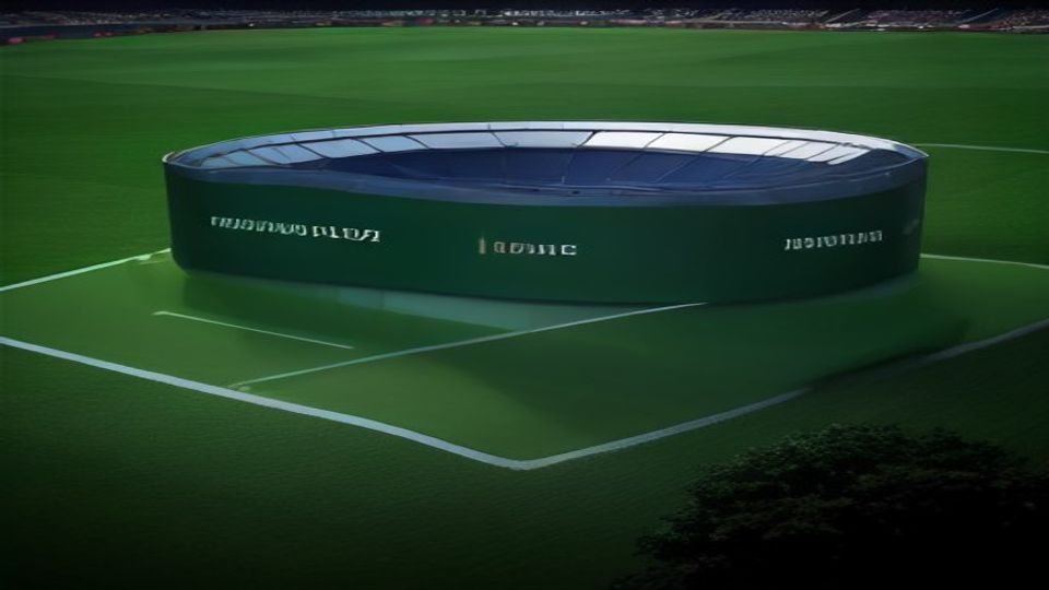 Circular stadium/arena structure placed on a green soccer field, with stands visible in the background