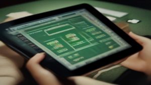 Hands hold a tablet displaying a green dashboard-style interface on the screen (blurry).