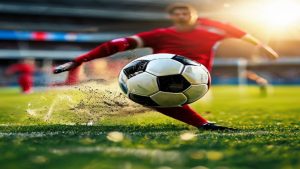Soccer player in red kicks a ball on a sunlit green field with a stadium in the background.