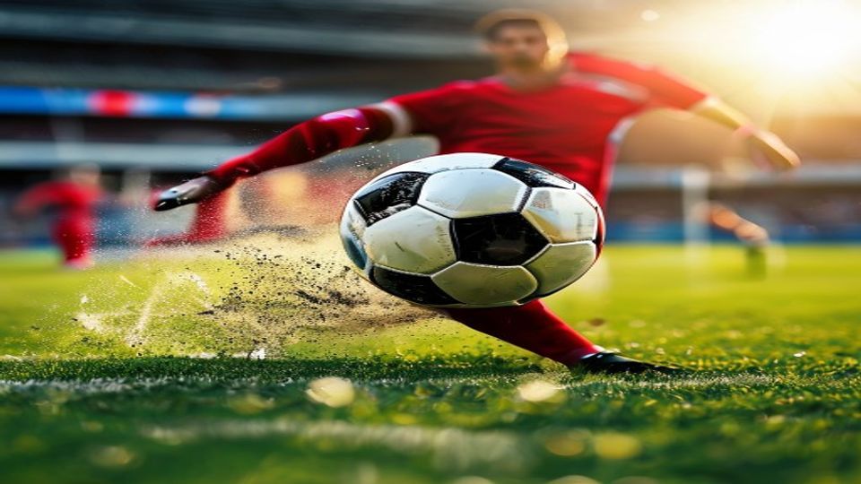 Soccer player in red kicks a ball on a sunlit green field with a stadium in the background.