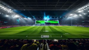 Nighttime football stadium full of spectators with bright floodlights and a large central video screen over the pitch edge in the background.