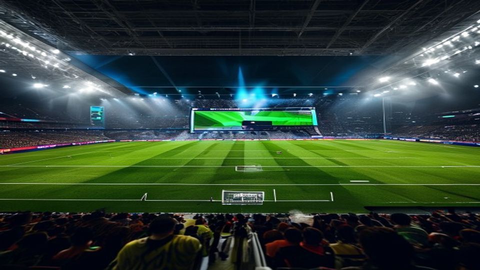 Nighttime football stadium full of spectators with bright floodlights and a large central video screen over the pitch edge in the background.