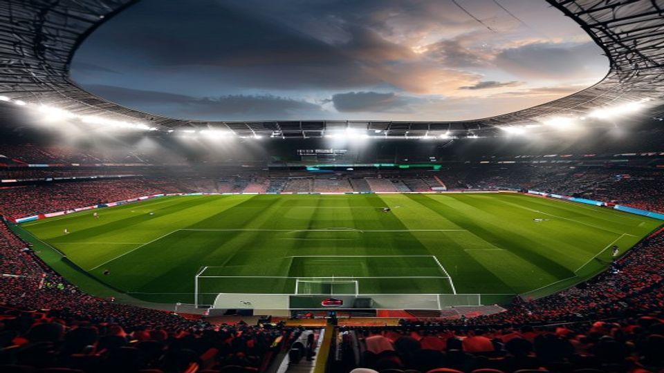 cover-9316-1787360451jpg - 實發體育 Wide view of a packed soccer stadium at dusk, floodlights on, bright green pitch ready for a match.