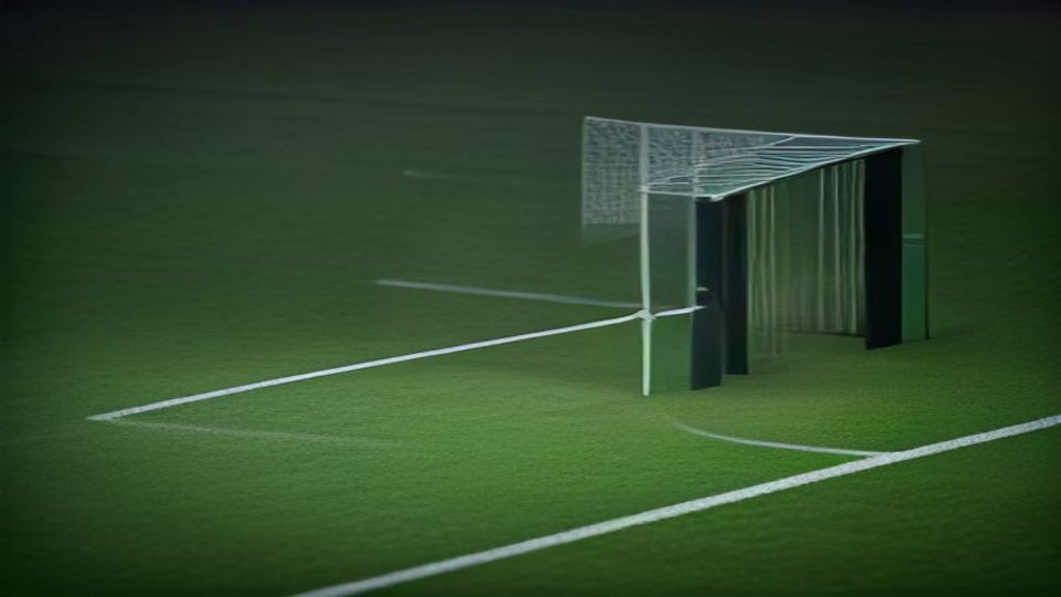 Soccer field at night with a metal goal and net, and a dark tunnel-like structure behind it on green turf.