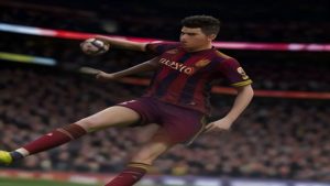 Professional soccer player in a maroon and blue striped jersey kicking a ball mid-air during a match, stadium crowd in the background.
