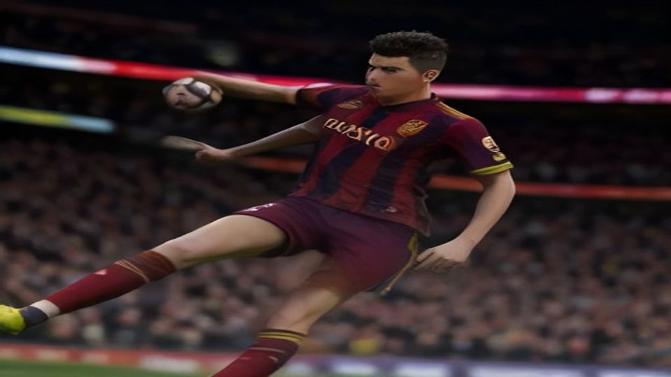 Professional soccer player in a maroon and blue striped jersey kicking a ball mid-air during a match, stadium crowd in the background.