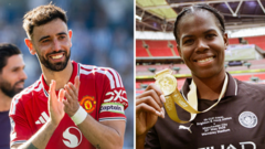 Two athletes: left, a smiling male soccer player in a red jersey applauds; right, a female athlete on a podium holding a gold medal.
