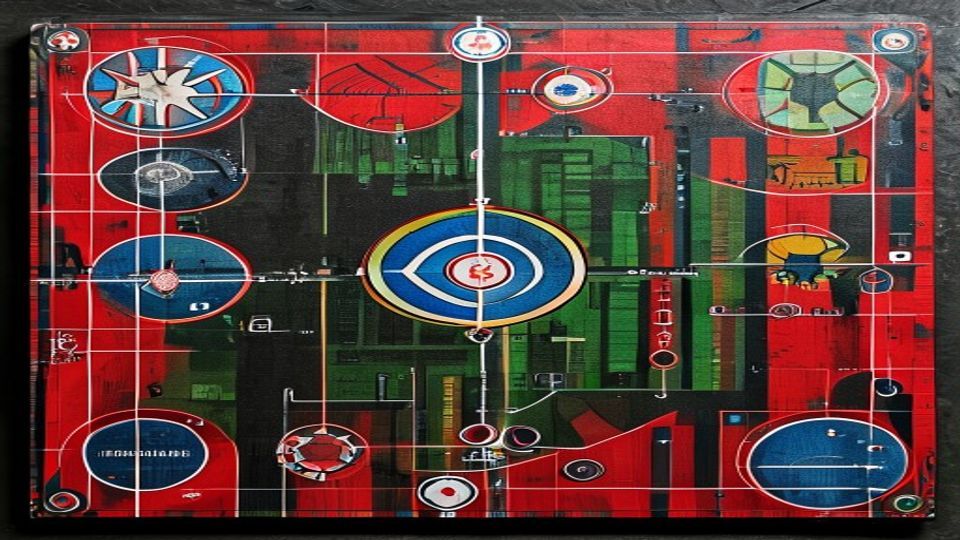 Abstract geometric painting with red, green, and blue circular motifs interconnected by white lines. Central blue target circle dominates the composition.