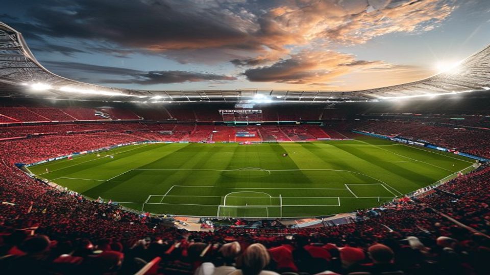 cover-9400-1788048053jpg - 實發體育 Full stadium filled with red-clad fans at a soccer match at sunset, wide-angle view of the field and stands.